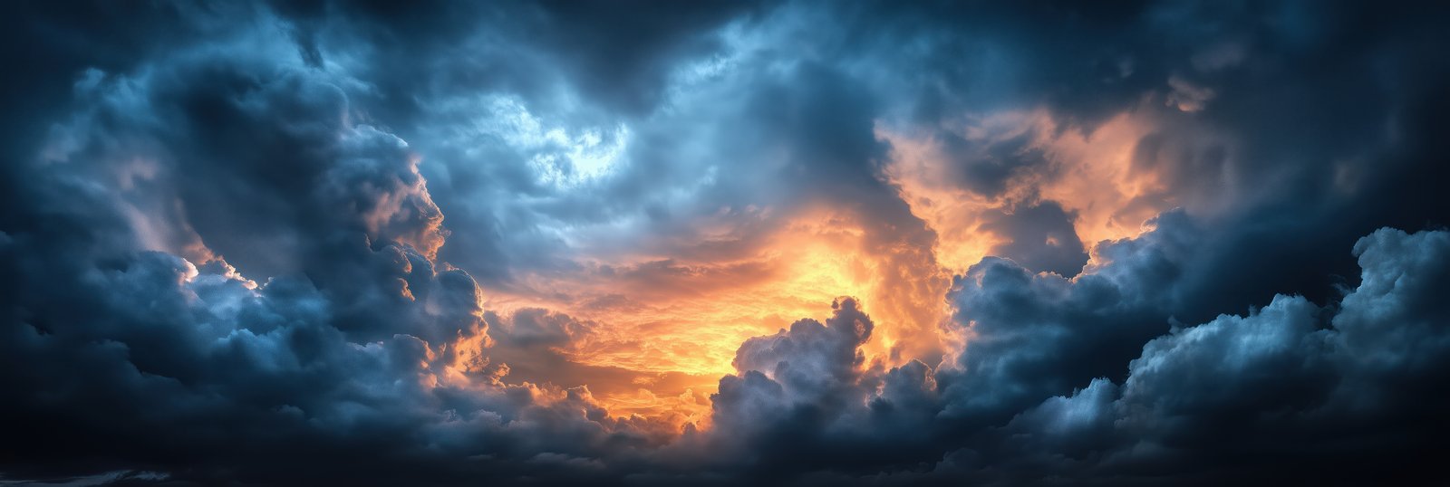 Dark, heavy clouds dominate the upper portions of the frame, but a vibrant orange sunset bursts through from below